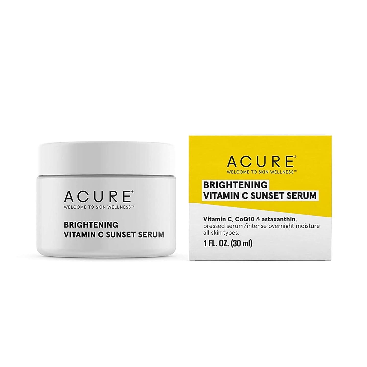 Acure Brightening Vitamin C Sunset Serum - Concentrated Vitamin C Pressed Serum For Intense Overnight Moisture - With Coq10 & Astaxanthin - Hydrating & High In Antioxidants Vegan Formula - 1 Fl Oz