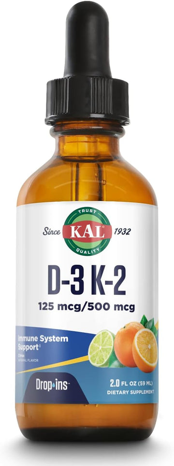 KAL D3 K2 DropIns 125 mcg / 500 mcg Liq Vitamin D3 K2 Drops, Bone Health, Heart Health and Immune Support Supplement, Natural Citrus avor, 60-Day Money Back Guarantee, Approx. 59 Serv, 2