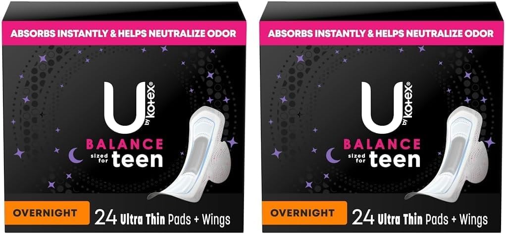 U By Kotex Teen Ultra Thin Feminine Pads With Wings, Overnight, Unscented, 24 Count (Pack Of 2)