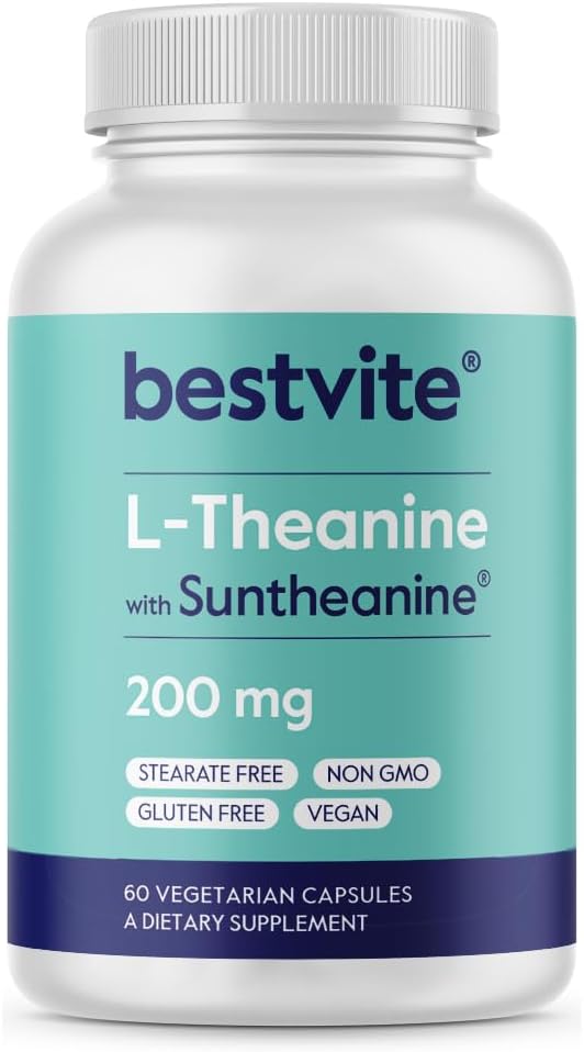 Bestvite L-Theanine 200Mg With Patented And Clinically Studied Suntheanine (120 Vegetarian Capsules) (2 X 60) - No Stearates - Vegan - Non Gmo - Gluten Free