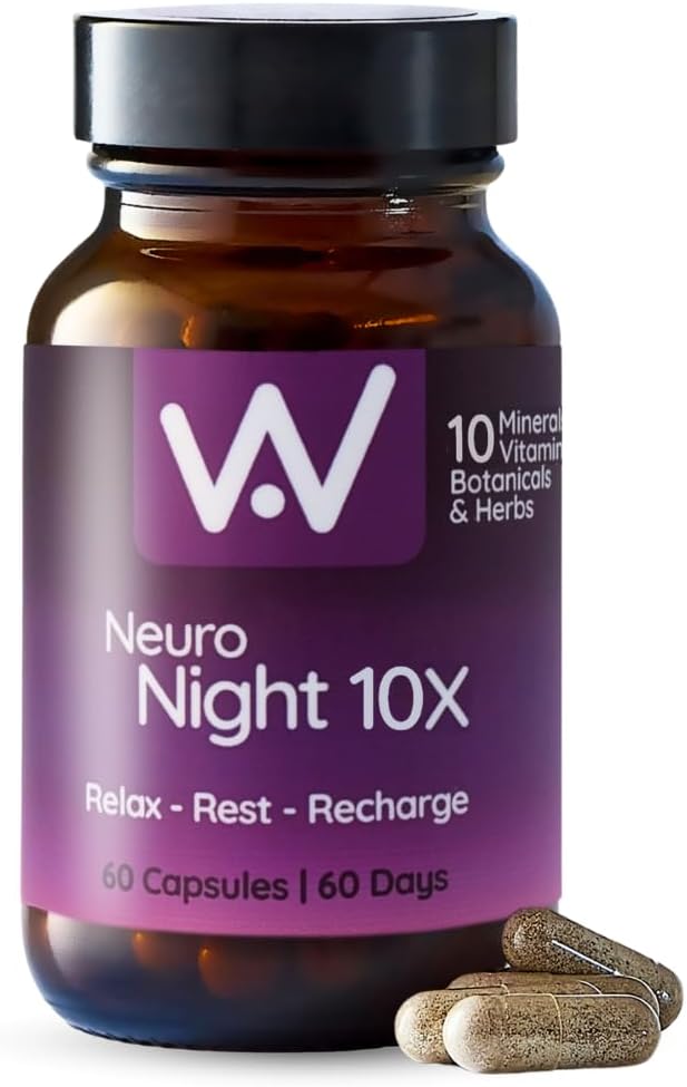 Well Actually Neuro Night 10X - Sleep Supplement For Adults, Relax & Unwind, With Griffonia, Montmorency Cherry, Schisandra, Magnesium & Zinc, Chamomile, Reishi, Hops, Lemon Balm, Vitamin B6 (60 Caps)