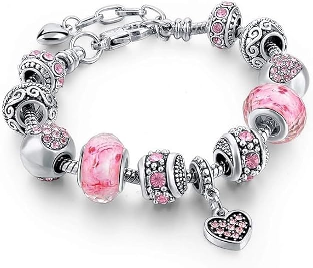 Charming Pink Hearts Bracelet – Silver Plated Charms & Adjustable Snake Chain, Elegant Beaded Jewelry Gift