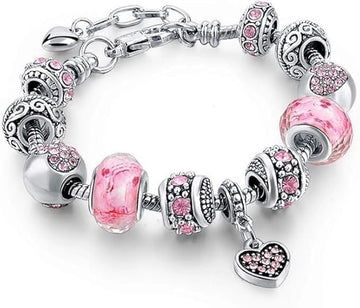 Charming Pink Hearts Bracelet – Silver Plated Charms & Adjustable Snake Chain, Elegant Beaded Jewelry Gift