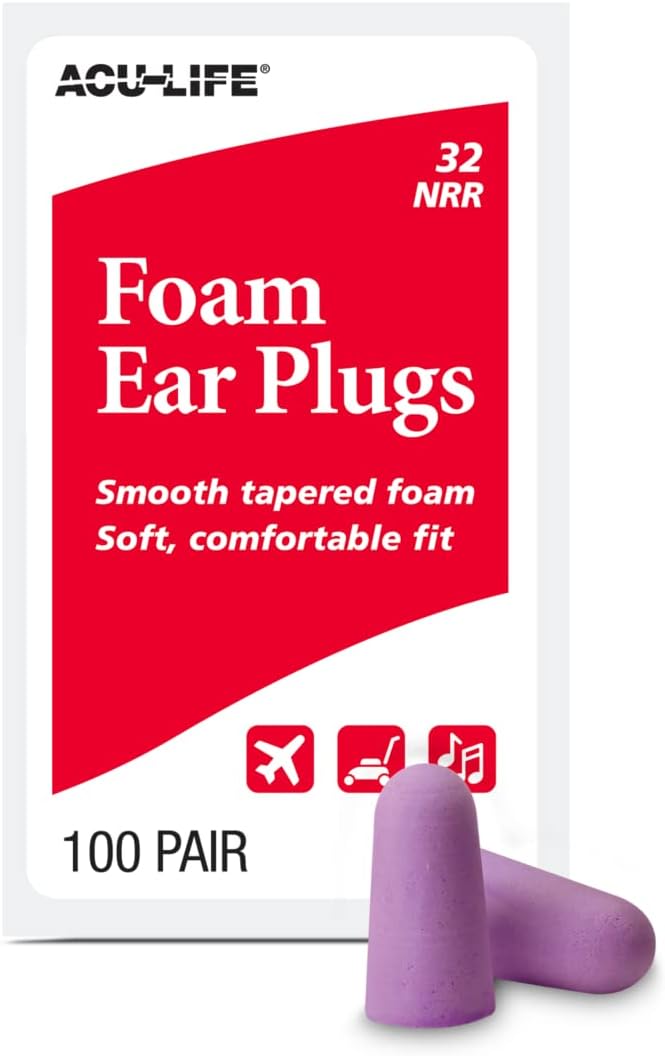 Foam Ear Plugs, 100 Pair for Sleeping, Snoring, Loud Noise, Traveling, Concerts, Construction, & Studying, NRR 32, Purple