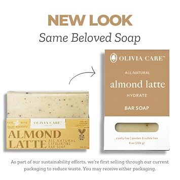 Olivia Care Exfoliating Bar Soap, Coffee Beans, 100% Natural, Organic Ingredients, Clean Energize Mind Body, Full Of Vitamin & Antioxidants (Almond Latte)
