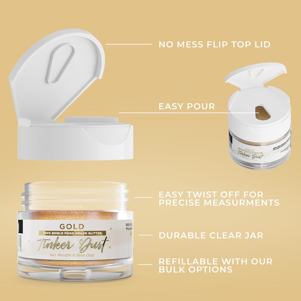 Bakell - Gold Tinker Dust (5G, 1X Jar) Edible Glitter For Food, Desserts, And Beverages! : Grocery & Gourmet Food