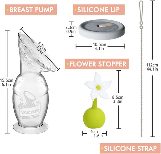 haakaa Manual Breast Pump 100ml with Flower Stopper, Silicone Lid & Silicone Strap Set Breastfeeding Essentials