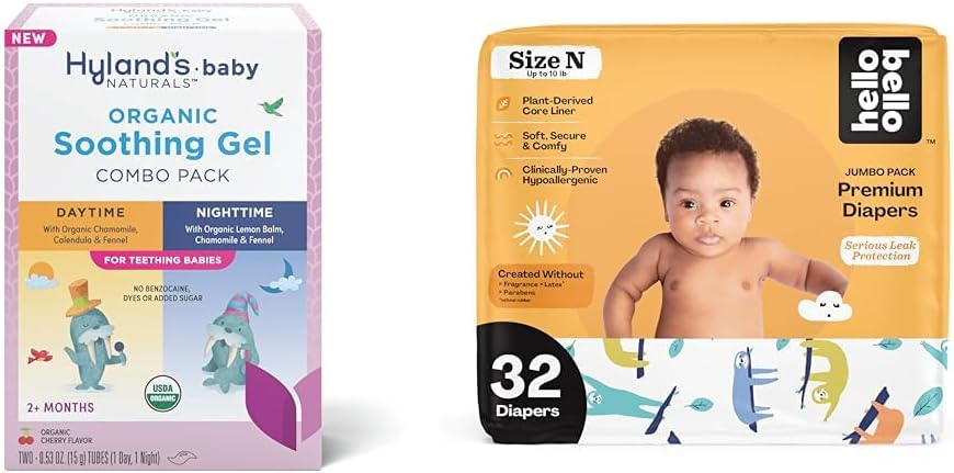 Hyland's Baby - Organic Day/Night Soothing Gel Combo Pack, Natural Relief of Oral Discomfort (2 Tubes of 0.53 oz.) + Hello Bello Premium Baby Diapers Size Newborn, 32 Count : Baby