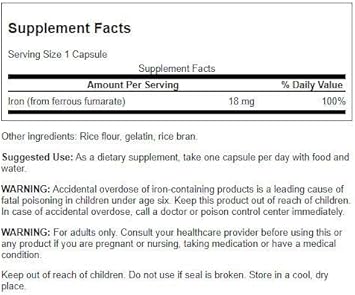 Swanson Iron (Ferrous Fumarate) - Mineral Supplement Promoting Energy Support - High-Concentration Formula Assists In Oxygen Delivery & Fatty Acid Metabolism - (60 Capsules, 18Mg Each)