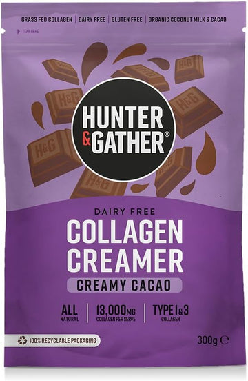 Hunter & Gather Collagen Creamer For Coffee I Creamy Cacao I 300G I Grass Fed Type 1 & Type 3 Bovine Collagen Peptides I Dairy Free I 13,000Mg Per Serve I Support Hair, Skin, Nails, Muscles
