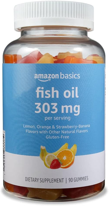 Amazon Basics Fish Oil 303 Mg, Lemon, Orange & Strawberry-Banana Flavors, 90 Gummies (2 Per Serving), Epa And Dha Omega-3 Fatty Acids (Previously Solimo)