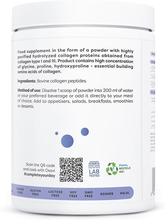 Osavi Collagen Peptides, Hydrolyzed Type 1 & 3 – Powder 600G | 20G Collagen Per Serving | 18 Amino Acids, Including Glycine, Proline | Supports Muscles And Bones | Neutral Taste | Easily Soluble