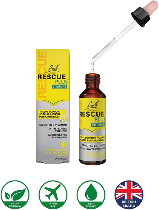 Rescue Remedy Plus B Vitamin & Flower Essences Dropper (20Ml), For Emotional Wellness And Mental Performance, Lemon & Elderflower Flavour, Natural Flower Essences, Alcohol Free, Sugar Free