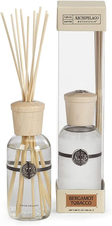 Archipelago Botanicals Bergamot Tobacco Reed Diffuser | Includes Fragrance Oil, Decorative Wooden Cap and 10 Diffuser Reeds | Perfect for Home, Office or a Gift (7.85 fl oz)