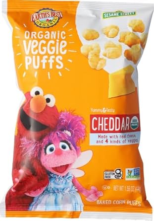 Earth's Best Organic Kids Snacks, Sesame Street Toddler Snacks, Organic Cheddar Veggie Puffs, Gluten Free Snacks for Kids 2 Years and Older, Cheddar, 1.55 oz Bag