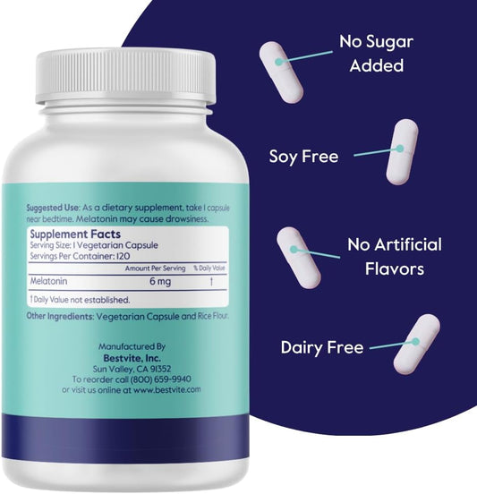 Bestvite Melatonin 6 Mg - 120 Veg Caps - No Stearates - No Sucralose, No Dextrose, No Silicon Dioxide, No Mannitol - Vegan - Non-Gmo - Gluten-Free