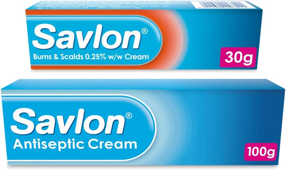 Savlon Burns & Scalds 0.25% W/W Cream (1 X 30G) & Savlon Antiseptic Cream (1 X 100G), Fast-Acting Relief, Soothing, Healing, Reduces Swelling And Discomfort, Essential First Aid Bundle (Pack Of 2)