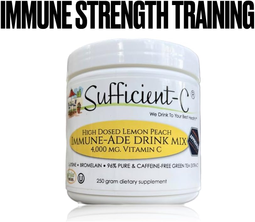 Sufficient-C High-Dosed 4000 mg. Vitamin C Lemon Peach Immune-Ade Drink Mix 250 gram Size - Refreshing with Generously Dosed L-lysine, Bromelain & 96% Pure, Caffeine-Free Green Tea Extract : Health & Household