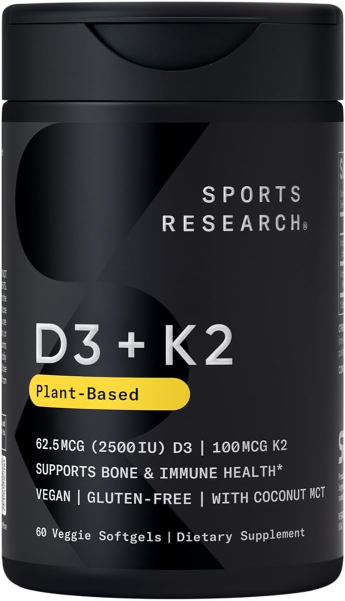 Sports Research® Vitamin D3 + K2 With Coconut Mct Oil | Vegan D3 2500Iu (62.5Mcg) & Plant Based Vitamin K2 100Mcg | Vegan Certified, Soy & Gluten Free - 60 Softgels