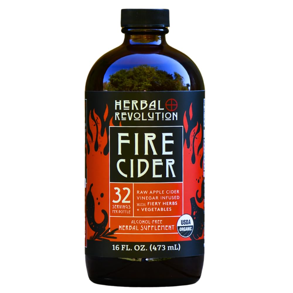 Herbal Revolution Fire Cider Apple Cider Vinegar - Certified Organic Non-Gmo Acv Infused With Ginger, Horseradish, Hot Peppers, Honey, And More - Made Using Regenerative Farming Practices 16 Oz