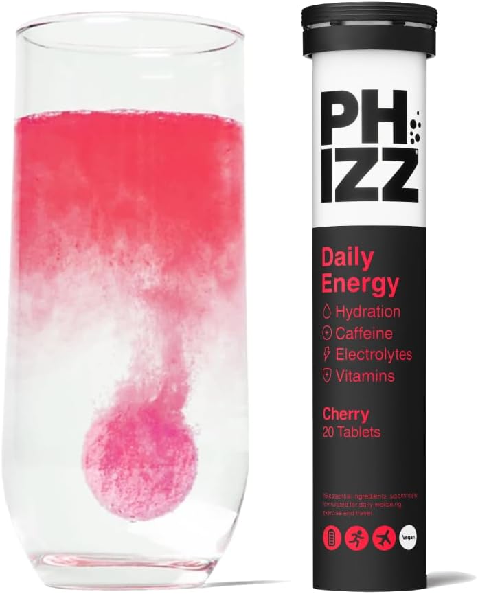 Phizz Daily Energy Electrolyte Hydration Tablets - 16 Vitamins And Minerals - Effervescent Energy Tablets - 75Mg Caffeine (Daily (Cherry), 20)