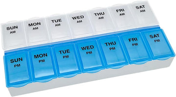 Amazon Basic Care (7-Day) Am/Pm Pill Organizer, Vitamin Case, And Medicine Box, Large Compartments, 2 Times A Day, Blue And Clear Lids