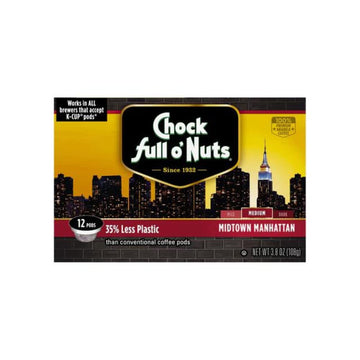 Chock Full o'Nuts Manhattan Medium Roast, K-Cup Compatible Pods (12 Count) - Arabica Coffee in Eco-Friendly Keurig-Compatible Single Serve Cups