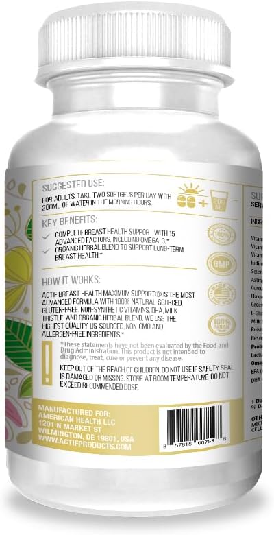 Actif Breast Health Maximum Support With 15 Advanced Factors And Omega-3 - Non Gmo, Made In Usa, 90 Count