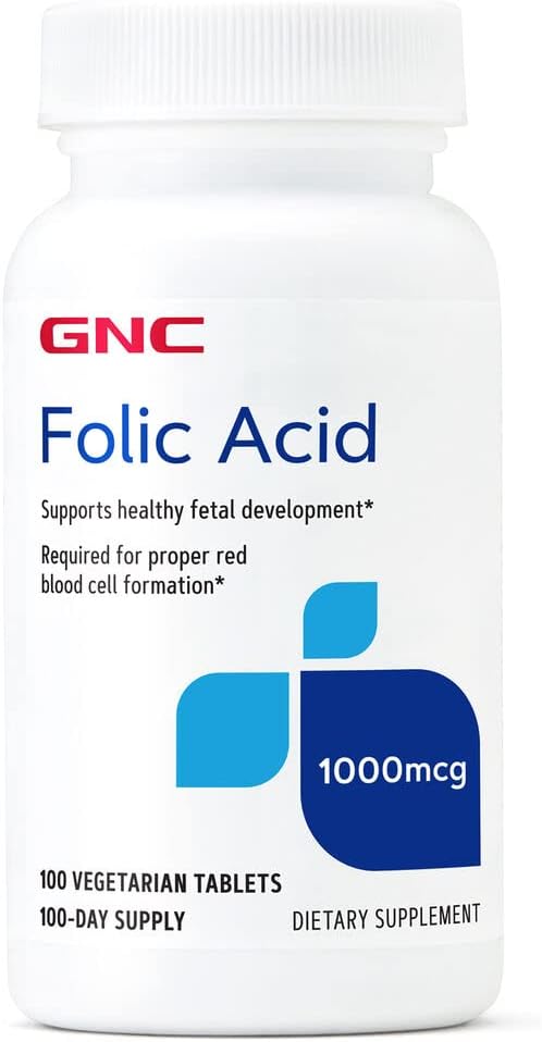 Gnc Folic Acid 1000Mcg | Supports Healthy Fetal Development | Required For Proper Red Blood Cell Formation | Vegetarian Formula | 100 Count