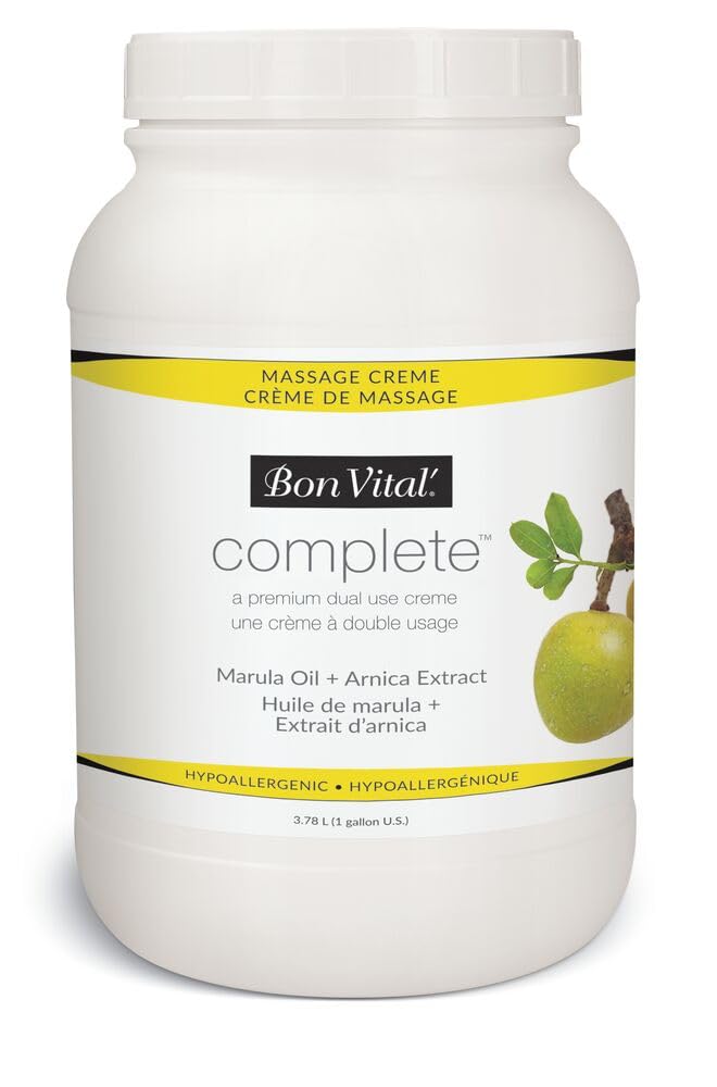 Bon Vital Complete Massage Creme, Premium Dual Use Cream For Hypoallergenic Professional Massages, Non Greasy Unscented Moisturizer Made With Marula, Olive, Avocado, & Jojoba Oil, 14 Oz. Jar
