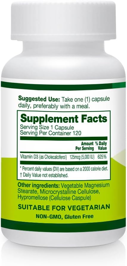 Vitamin D3 5000 IU (125 mcg) 120 Vegetable Capsules Support Healthy Bones Teeth Immune System Supplement