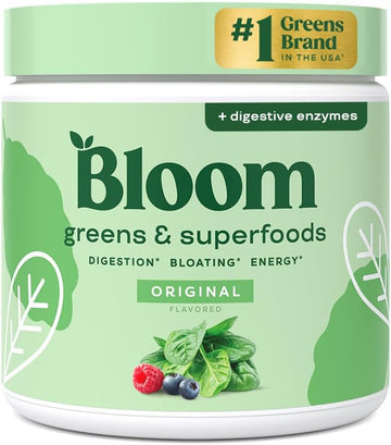 Bloom Nutrition Superfood Greens Powder, Digestive Enzymes With Probiotics And Prebiotics, Gut Health, Bloating Relief For Women, Chlorella, Green Juice Mix With Beet Root Powder, 30 Svg, Original