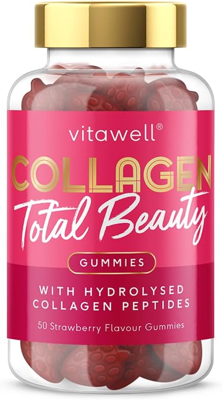 Vitawell Collagen Total Beauty Gummies | 50 Strawberry Flavour Gummies | 1 A Day Chewable Vitamins | 500Mg Hydrolysed Fish Collagen With Vitamin C, Biotin & Selenium | By Vitawell