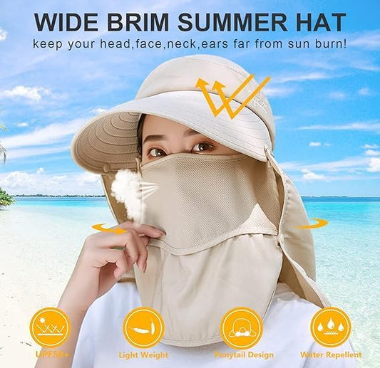 INFINIBYTE Sun Hat for Women – UV Protection Wide Brim Fishing Hat with Detachable Face Cover & Neck Flap, Waterproof Nylon Outdoor Cap for Hiking (Beige)