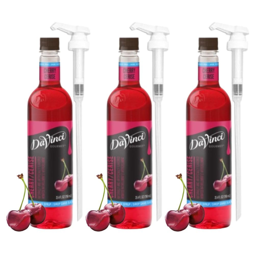 Davinci Gourmet Sugar Free Cherry Syrup 25.4 Fl Oz (Pack Of 3) + 1/4 Oz Syrup Pumps (Pack Of 3)