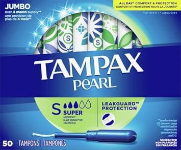 Tampax Pearl Tampons Super Absorbency, With Leakguard Braid, Unscented, Unscented, 50 Count