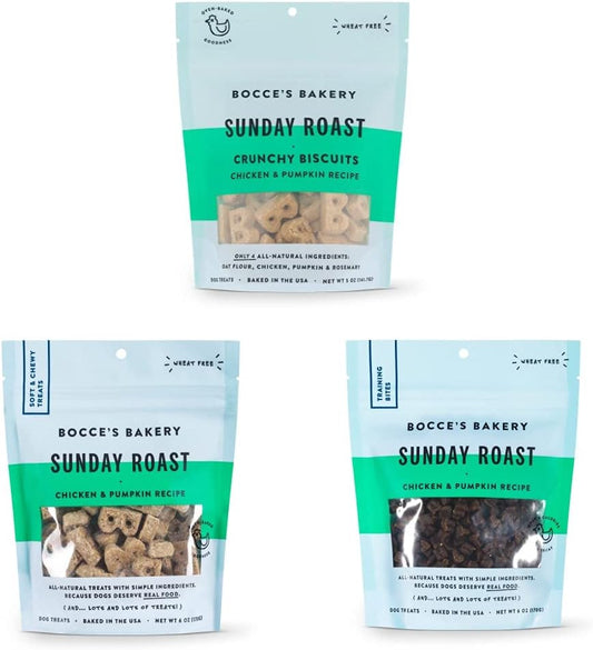 Bocce's Bakery Sunday Roast Assorted Treat Bundle for Dogs, Wheat-Free Everyday Dog Treats, Made with Real Ingredients, Baked in The USA, All-Natural Soft & Chewy Cookies, Biscuits & Training Treats : Pet Supplies