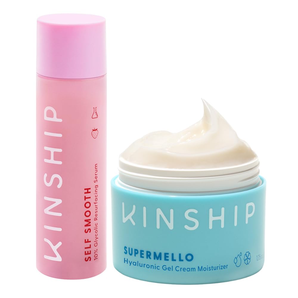 Kinship Supermello Gel Cream Moisturizer + Self Smooth Glycolic Pore Minimizing Serum | Lightweight Hyaluronic Acid Face Lotion + Overnight Resurfacing Treatment | Hydrate+ Smooth Skin