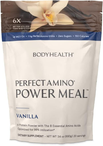 BodyHealth PerfectAmino Power Meal (Natural Vanilla Flavor) Vegan Meal Replacement Shake, Non Dairy Protein Powder, Plant Based Meal Replacement, Organic Meal Replacement, 20 Servings, 12.5g Protein