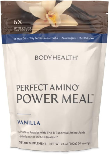 Bodyhealth Perfectamino Power Meal (Natural Vanilla Flavor) Vegan Meal Replacement Shake, Non Dairy Protein Powder, Plant Based Meal Replacement, Organic Meal Replacement, 20 Servings, 12.5G Protein