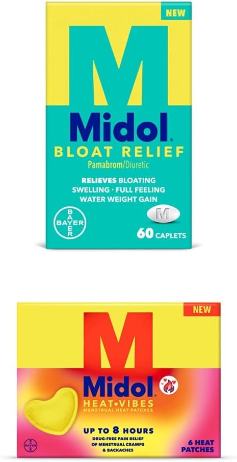 Midol Bloat Relief Caplets with Pamabrom, Caffeine Free, 60 Count Heat Vibes Menstrual Pain Relief Patch, 6 Count