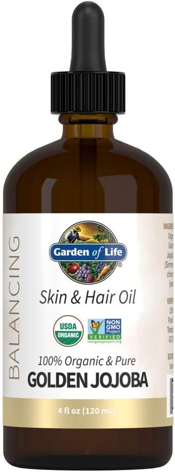 Garden of Life Jojoba Oil 100% Organic & Pure Golden Jojoba Oil for Hair, Skin and Face - Cold Pressed Jojoba Body Oil, Massage, or Use as a Carrier Oil for Making Lip Balms & Body Butters, 4 fl oz
