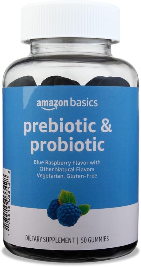 Amazon Basics Prebiotic & Probiotic Gummies, 2 Billion Cfu, Blue Raspberry, 50 Count (2 Per Serving) (Previously Solimo)