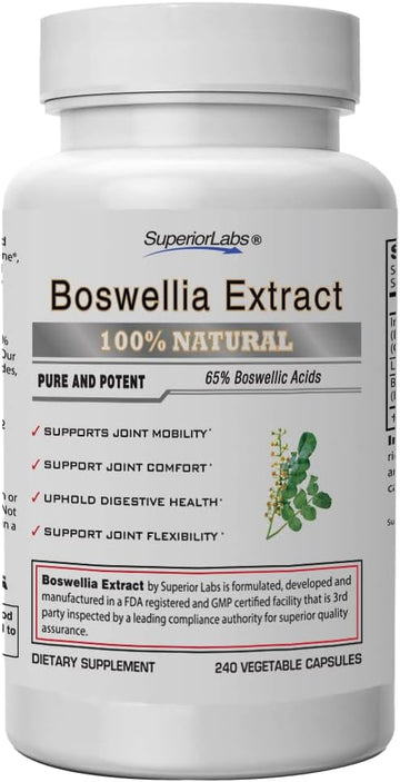 Superior Labs Boswellia Extract - Pure Non Gmo Boswellic 65% Acids. Superior Absorption Zero Synthetic Additives - Powerful Formula Joint, Knees, Hips, Immune, 500Mg Svg, 240 Veg Capsules