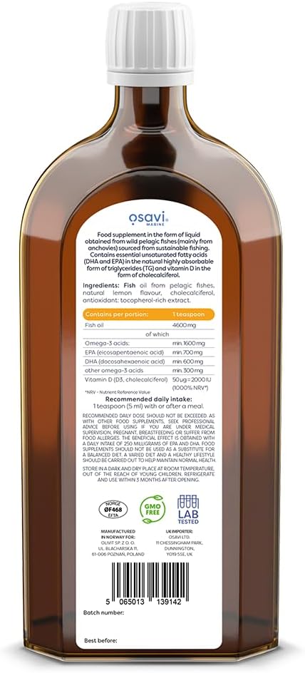 Osavi Daily Omega + D3 – 500 Ml | 1600 Mg Omega–3 Per Serving | Supports Heart Health, Brain Function, Vision, And Immune System | Includes 2000 Iu Vitamin D | Natural Lemon Flavour | Made In Norway