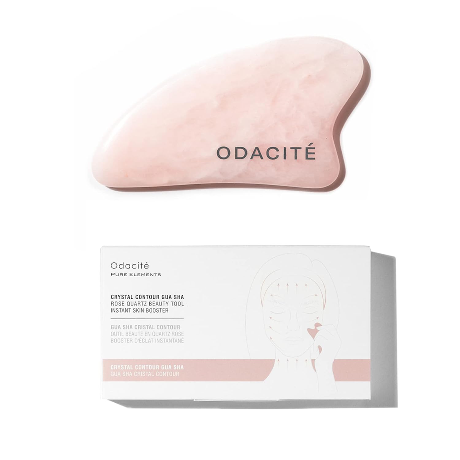 Odacité Gua Sha For Face Crystal Contour - Rose Quartz Face Roller & Facial Massager - Scraping Massage Tool Visibly Lifts & Revitalizes Skin - Reduce Puffiness, Wrinkles & Dark Under-Eye Circles