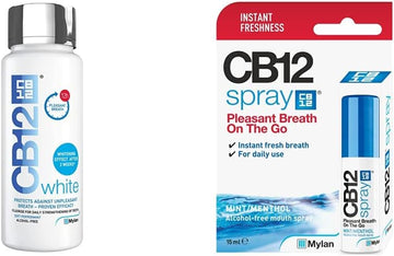 CB12 White Mouthwash, Whiter Teeth After 2 Weeks, Pleasant Breath for 12 Hours, 250 ml & CB 12 Spray – Instant Freshness on The Go, Reduces The Root Cause of Bad Breath, with Zinc Acetate