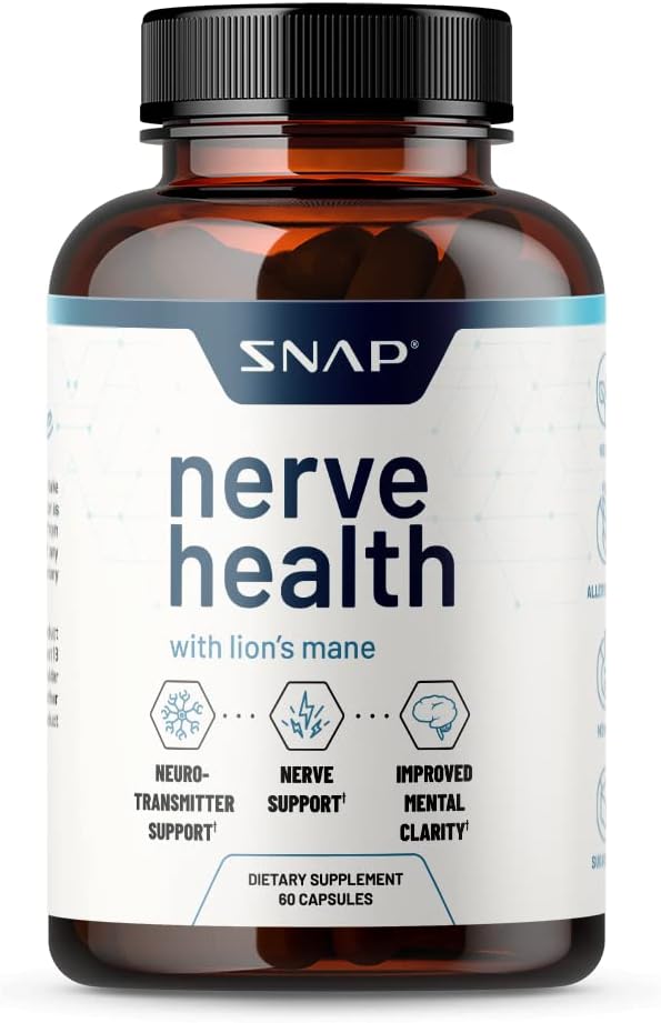 Nerve Health Support Supplement With Lions Mane - Improved Mental Clarity, Memory & Focus - Healthy Nerve Support Formula - Neuro Enhancer - Organic Turmeric + Other Herbs & Vitamins (60 Capsules)