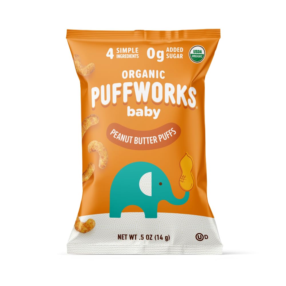 Puffworks Baby Organic Peanut Butter Puffs, Perfect For Early Peanut Introduction, Plant-Based Protein, Usda Organic, Gluten-Free, Vegan, Non-Gmo, Kosher, 0.5 Ounce (Pack Of 12)