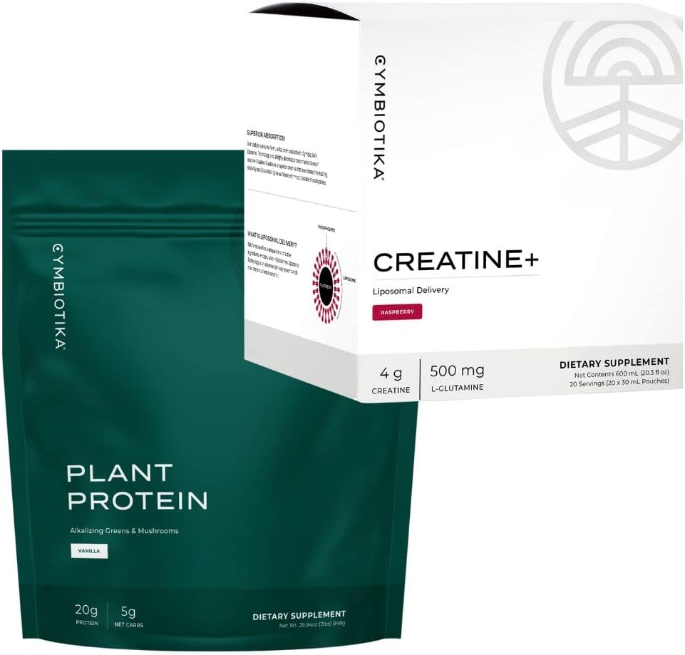 Cymbiotika Creatine+ & Plant-Based Protein Powder Bundle, Creatine And Glutamine Supplement + Plant Protein Drink & Smoothie Mix For Amino Energy, Recovery, Gut Health, And Muscle Mass